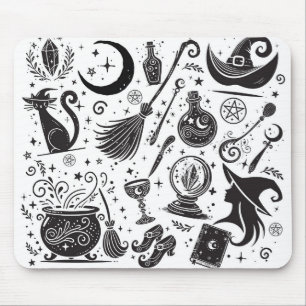 Magical Witch Whimsical Wiccan Pagan Black & White Mouse Pad