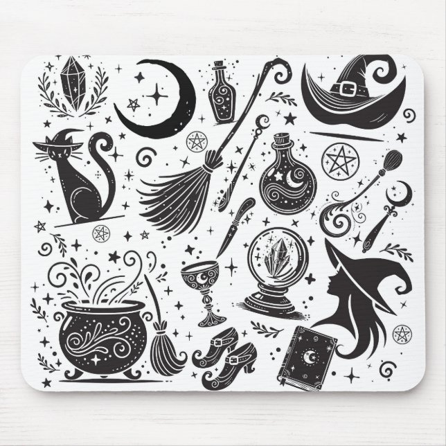 Magical Witch Whimsical Wiccan Pagan Black & White Mouse Pad (Front)