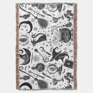 Magical Witch Whimsical Wiccan Pagan Black & White Throw Blanket