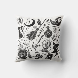 Magical Witch Whimsical Wiccan Pagan Black & White Throw Pillow