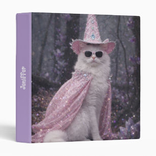 Magical Wizard Cat in Sparkly Pink Cape and Hat 3 Ring Binder
