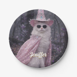 Magical Wizard Cat in Sparkly Pink Cape and Hat Paper Plates