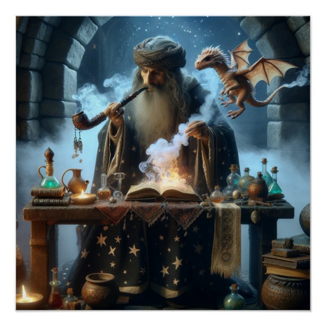 Magical Wizard Dragon Fantasy Art Poster (Front)