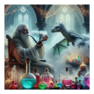 Magical Wizard Dragon Fantasy Art Poster