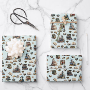 Magical Wizards & Books on Light Green Wrapping Paper Sheets