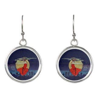 Magical Woman Red Dress in Sky Over City Lights Earrings