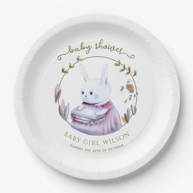 Magical Woodland Books Bunny Girl Baby Shower Paper Plates (Front)