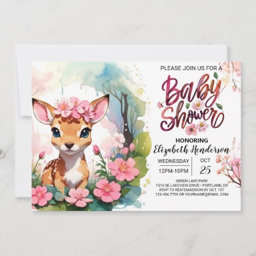 Magical Woodland Fawn Pink Girl Baby Shower Invitation