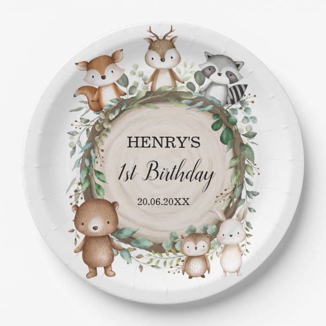 Magical Woodland Forest Animals Wild One Birthday Paper Plates (Front)