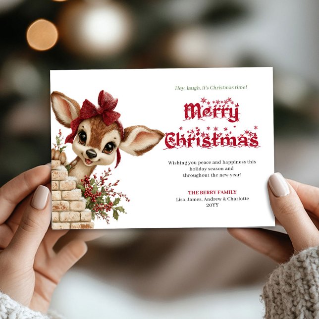 Magical Xmas peeking baby fawn snowy greeting card (Magical Xmas peeking baby fawn snowy greeting card)