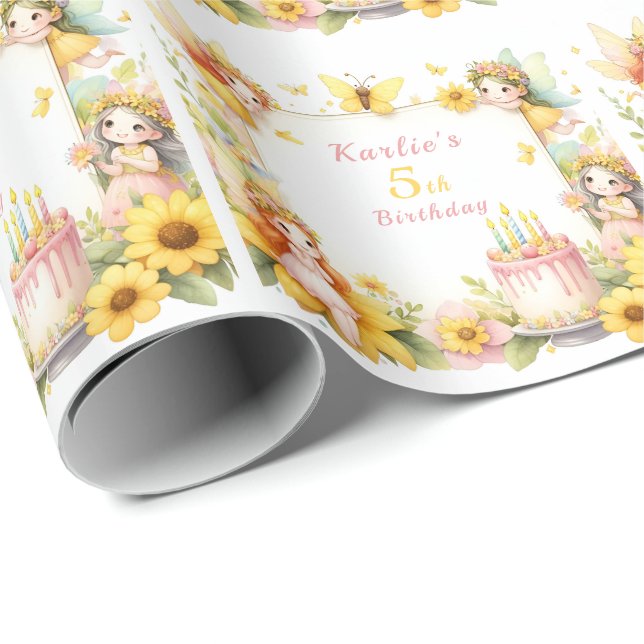 Magical yellow Fairy garden - Birthday  Wrapping Paper (Roll Corner)