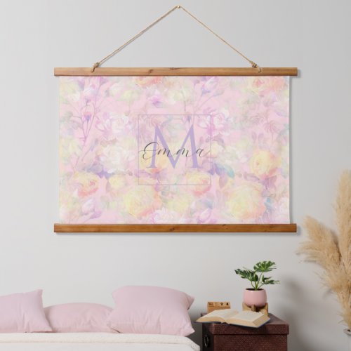 Magical Yellow White Roses Floral Pink Design Hanging Tapestry