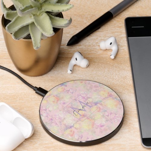 Magical Yellow White Roses Floral Pink Design Wireless Charger