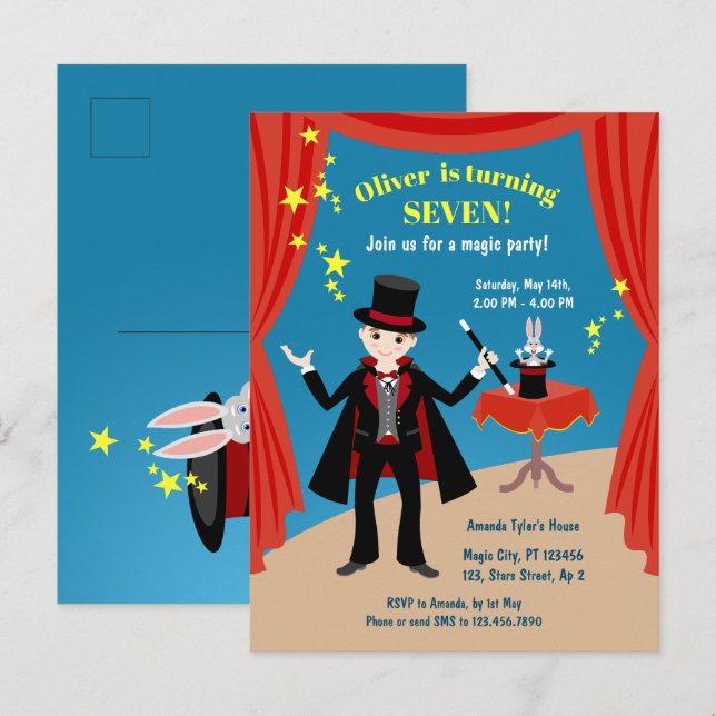 Magician Boy Show Birthday Party Invitation Postcard (Front/Back)