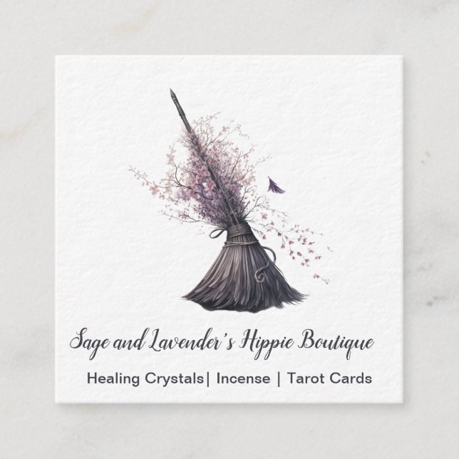 Magick Witch Broom Spring Blossoms Square Business Card (Front)