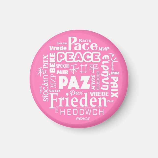 Magnet 6cm disk multilingual peace words (Front)