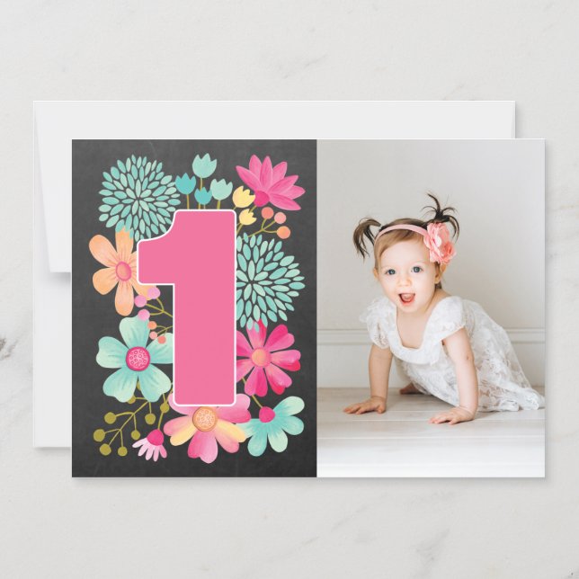 [MAGNET] Baby Girls 1st Birthday Photo Keepsake Magnetic Invitation (Front)