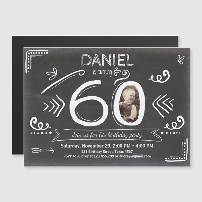 Magnet birthday invitation 60th chalkboard (Front/Back)