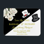 MAGNET Black & White Wedding Save the Date<br><div class="desc">Romantic and unique black and white floral budget Save the Date. Gold lettering to set it off and a black top hat for the gentleman and a white hat for the bride-to-be. Carefully labeled "Ms. and Mr." to change as the event draws closer, of course. For any design questions or...</div>