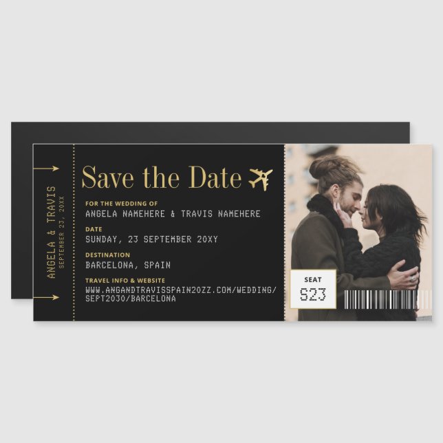 Magnet Boarding Pass Save the Date Black Gold (Front/Back)