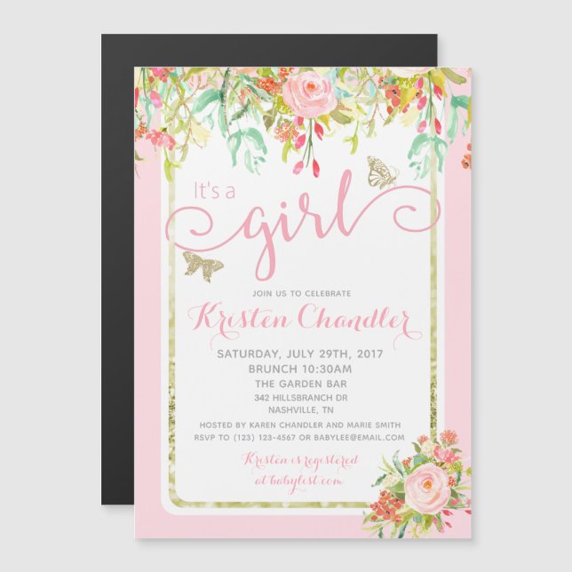 MAGNET Butterfly Girl Floral Rose Baby Invitation (Front/Back)