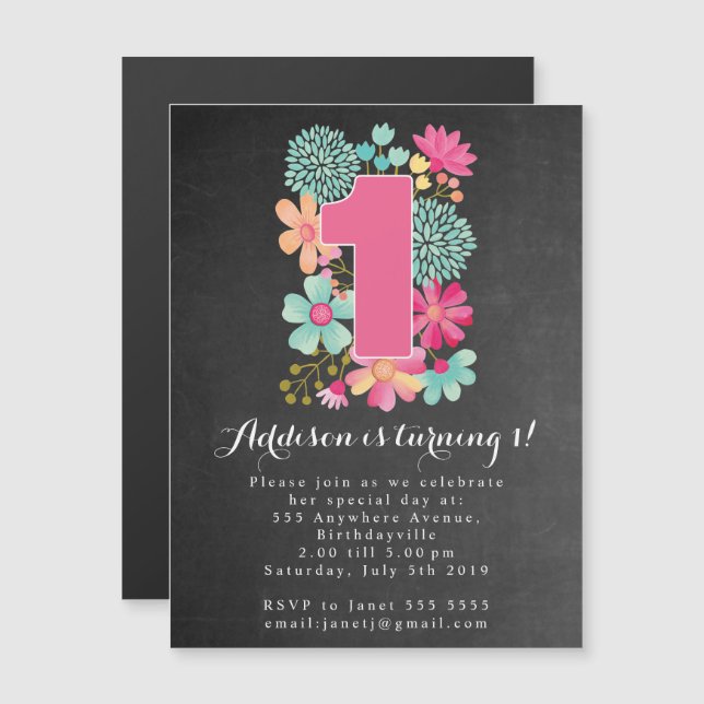 |MAGNET| Chalkboard Girls 1st Birthday Party Magnetic Invitation (Front/Back)