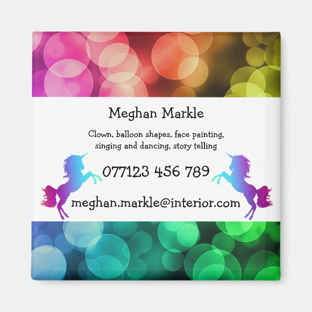 Magnet childrens entertainer unicorn business card (Front)