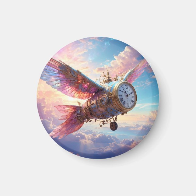 Magnet featuring fantastical wing with clock face (Front)