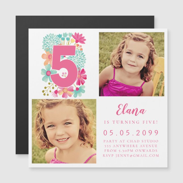 MAGNET Girls Pink Number 5 5th Birthday Year Photo (Front/Back)