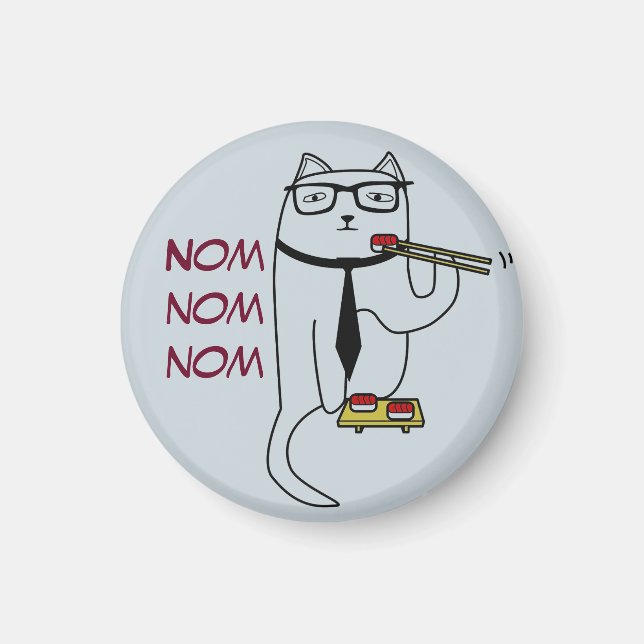Magnet of a cute cat in a tie eating sushi (Front)
