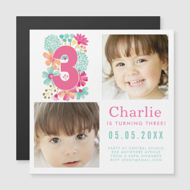 MAGNET Third Three 3rd Birthday Party Photo (Front/Back)