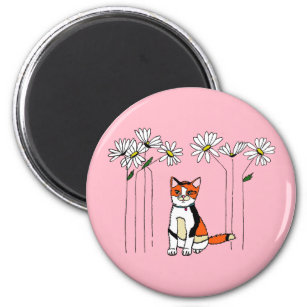 Magnet with adorable cat and daisies design
