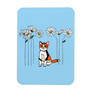Magnet with adorable cat and daisies design