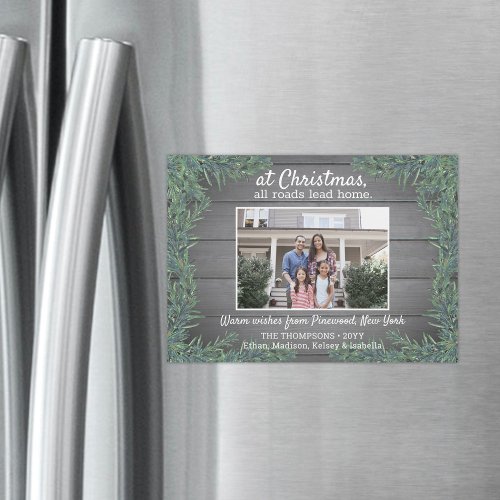 Magnetic 1 Photo Greenery  Grey Wood Holiday Card