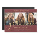 Magnetic 3 Photo Burgundy Graduation Announcement