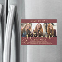 Magnetic 3 Photo Burgundy Graduation Announcement