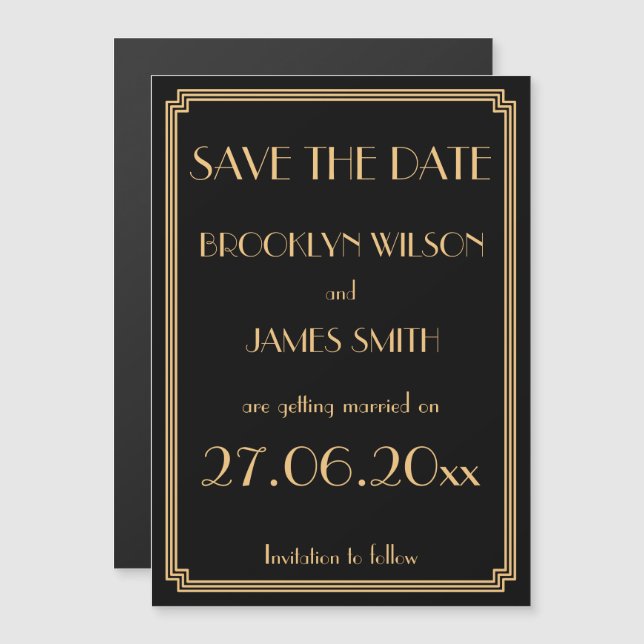 Magnetic Art Deco Black Wedding Save The Date Magnetic Invitation (Front/Back)