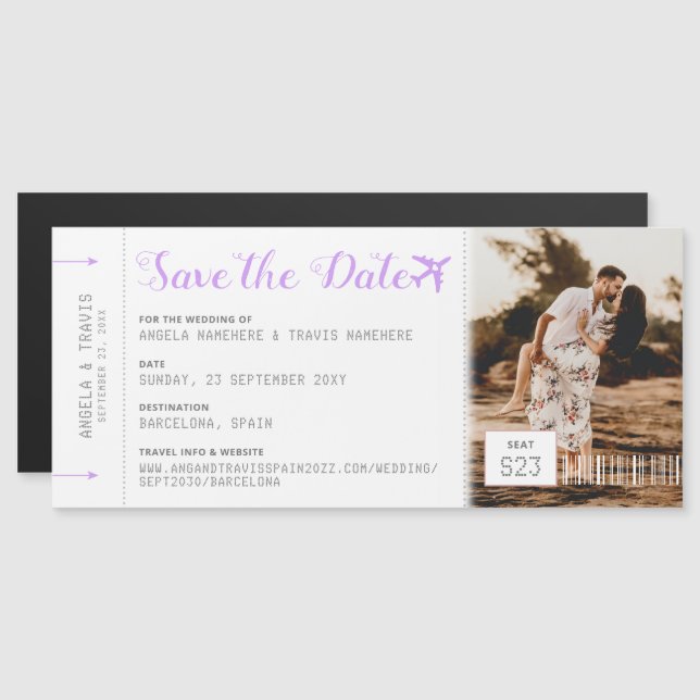 Magnetic Boarding Pass Ticket Save the Date Lilac (Front/Back)
