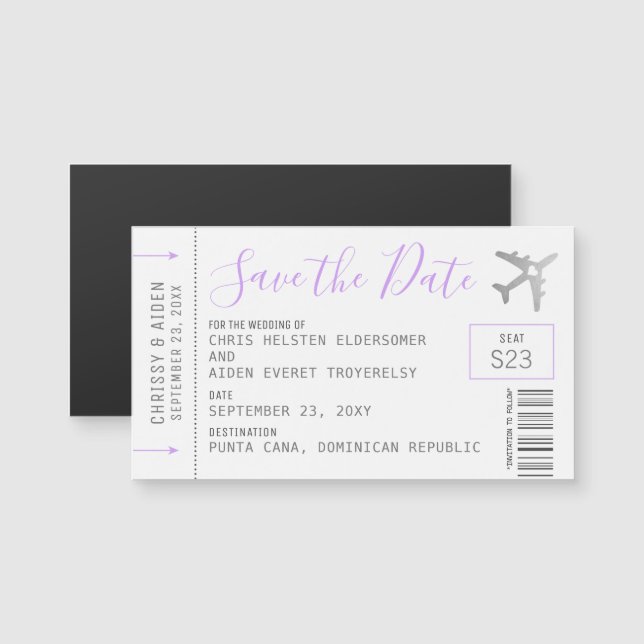 Magnetic Mini Boarding Pass Save the Date Lilac (Front/Back)