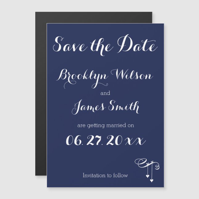 Magnetic Navy Blue Save The Date With Hearts Magnetic Invitation (Front/Back)
