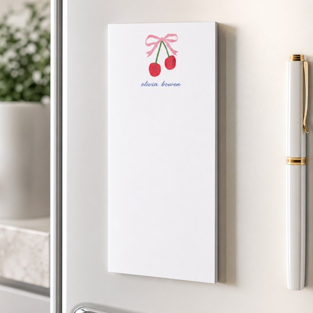 Magnetic Notepad | Cherry Coquette Bow Cute (A cute custom design notepad with coquette bow and cherries, perfect for gifting or everyday use)