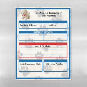 Magnetic Personalized Pet Care & Emergency Info Dry Erase Sheet