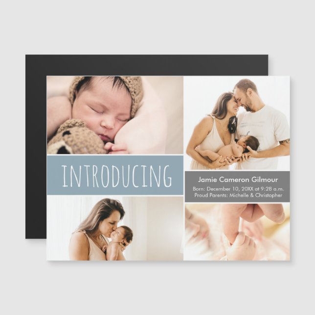 Magnetic photo collage Introducing Blue Baby Boy Invitation (Front/Back)