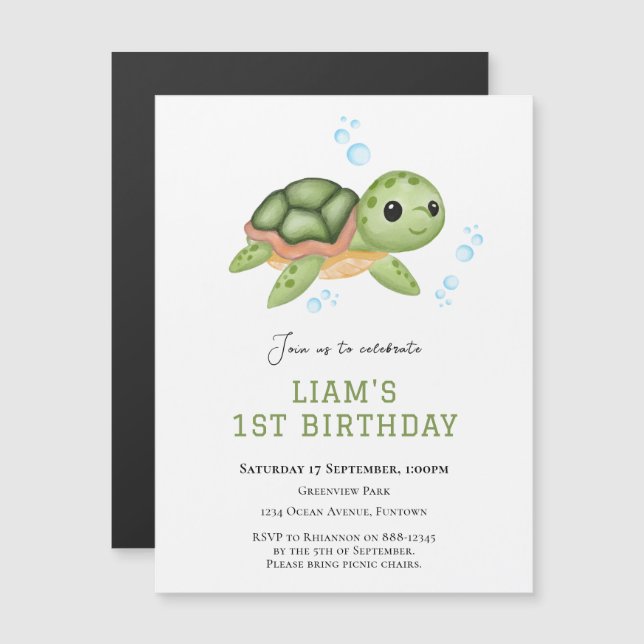 Magnetic Turtle Under the sea first birthday  Invitation (Front/Back)