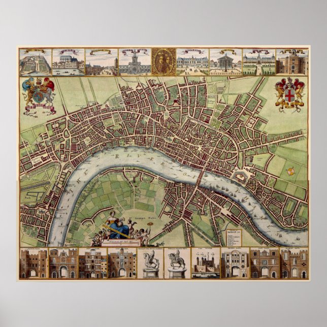 Magnificent 17th century Map of London England Poster (Front)