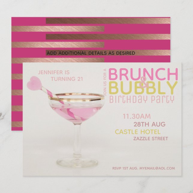 Magnificent 21st BRUNCH BUBBLY Cocktail PINK GOLD Invitation (Front/Back)