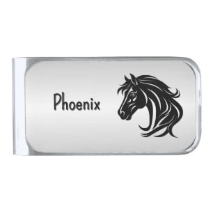 Magnificent Black Horse Head with Name Silver Finish Money Clip