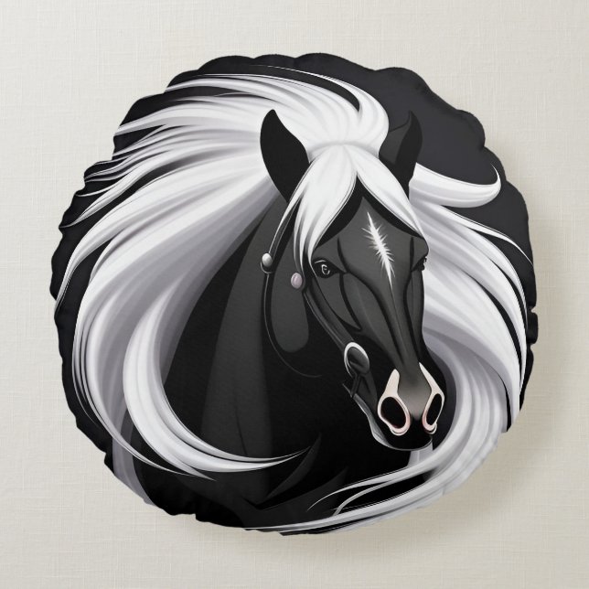 Magnificent Black Horse Round Pillow (Front)