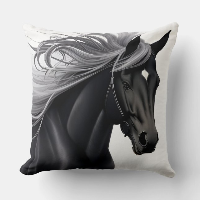Magnificent Black Horse Throw Pillow (Front)