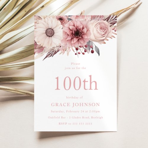 Magnificent Blush Boho Floral 100th Birthday Party Invitation
